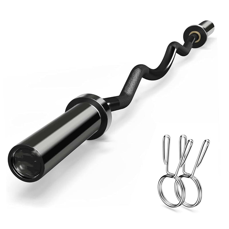 Black metal curl bar with attachments on a white background