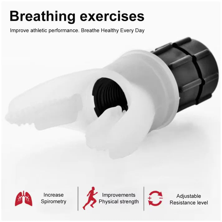Breathing exercise device with text about improving athletic performance on a white background