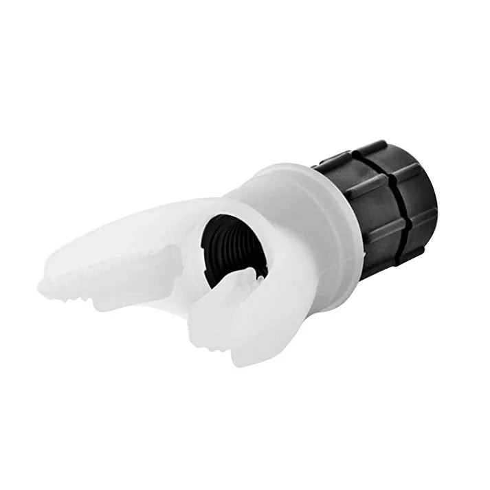 Plumbing fitting with white plastic and black metal components on a white background