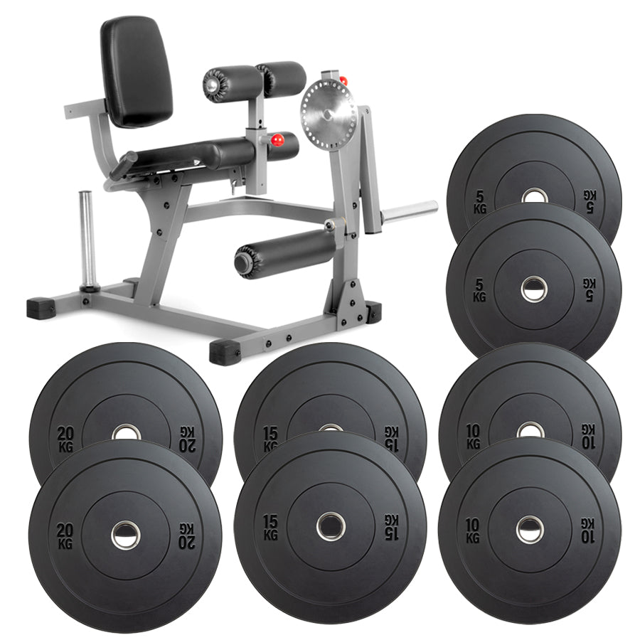 Weight bench with weight plates on a white background