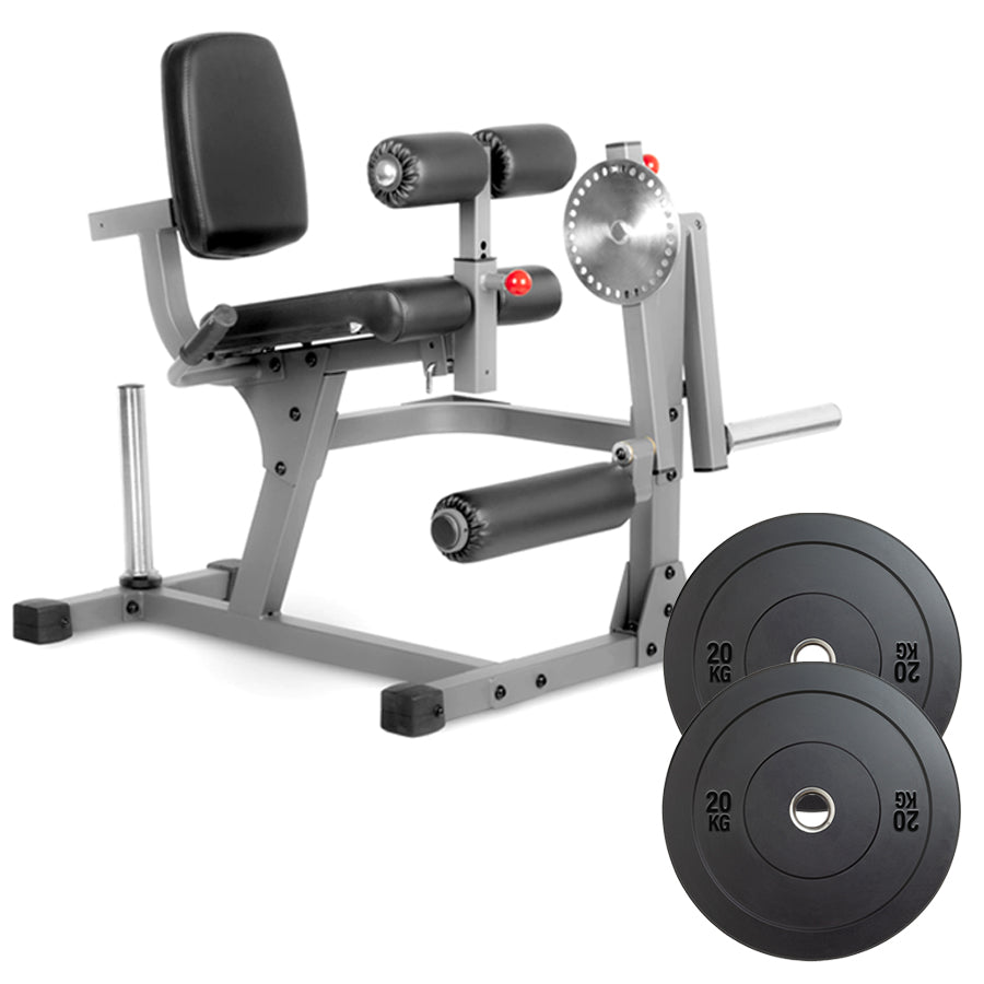 Weight bench with weight plates on a white background