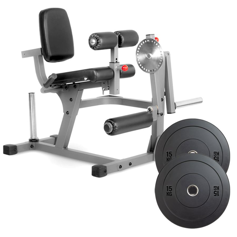Leg press machine with weight plates on a white background