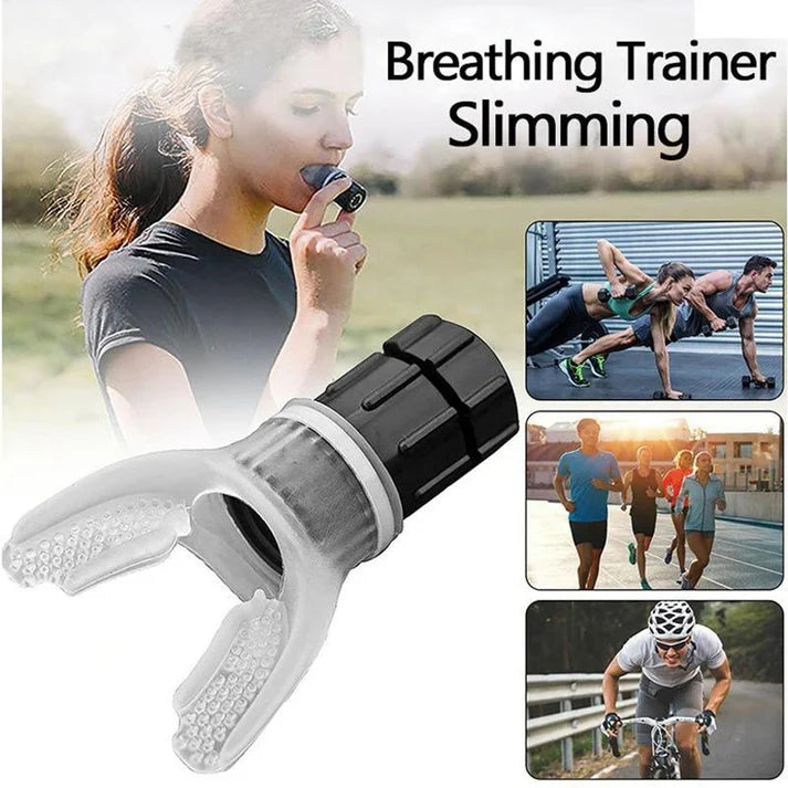 Breathing trainer slimming device with people exercising outdoors on a white background