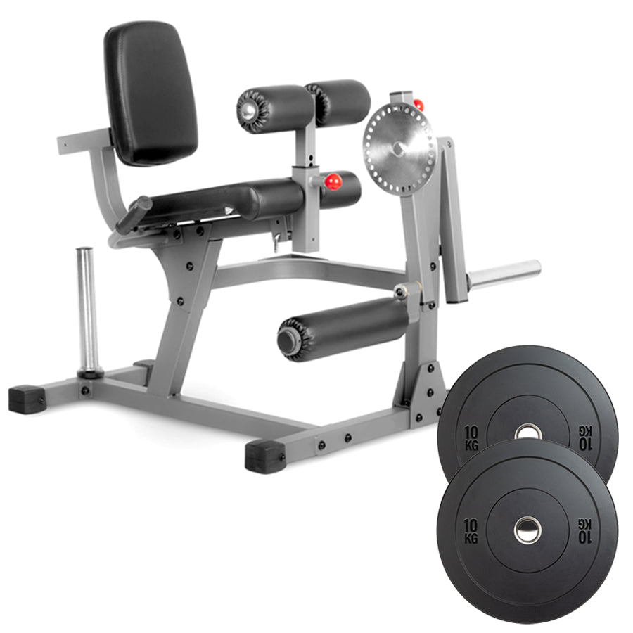 Leg press machine with weight plates on a white background