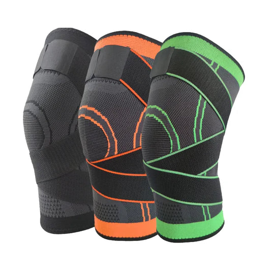Three knee sleeves with different color schemes on a white background