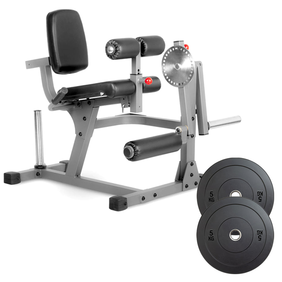 Weight lifting bench with weight plates on a white background