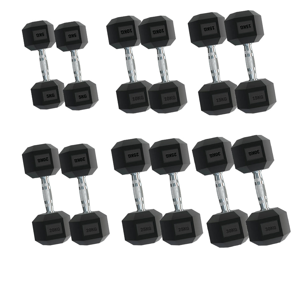 Premium Hex Dumbbell Set - Complete 6 Pairs with A6 Tree Rack - Rubber Coated Weights from 2.5kg to 30kg - Commercial Grade Knurled Grip - Heavy Duty Vertical Storage Solution for Home Gym or Studio