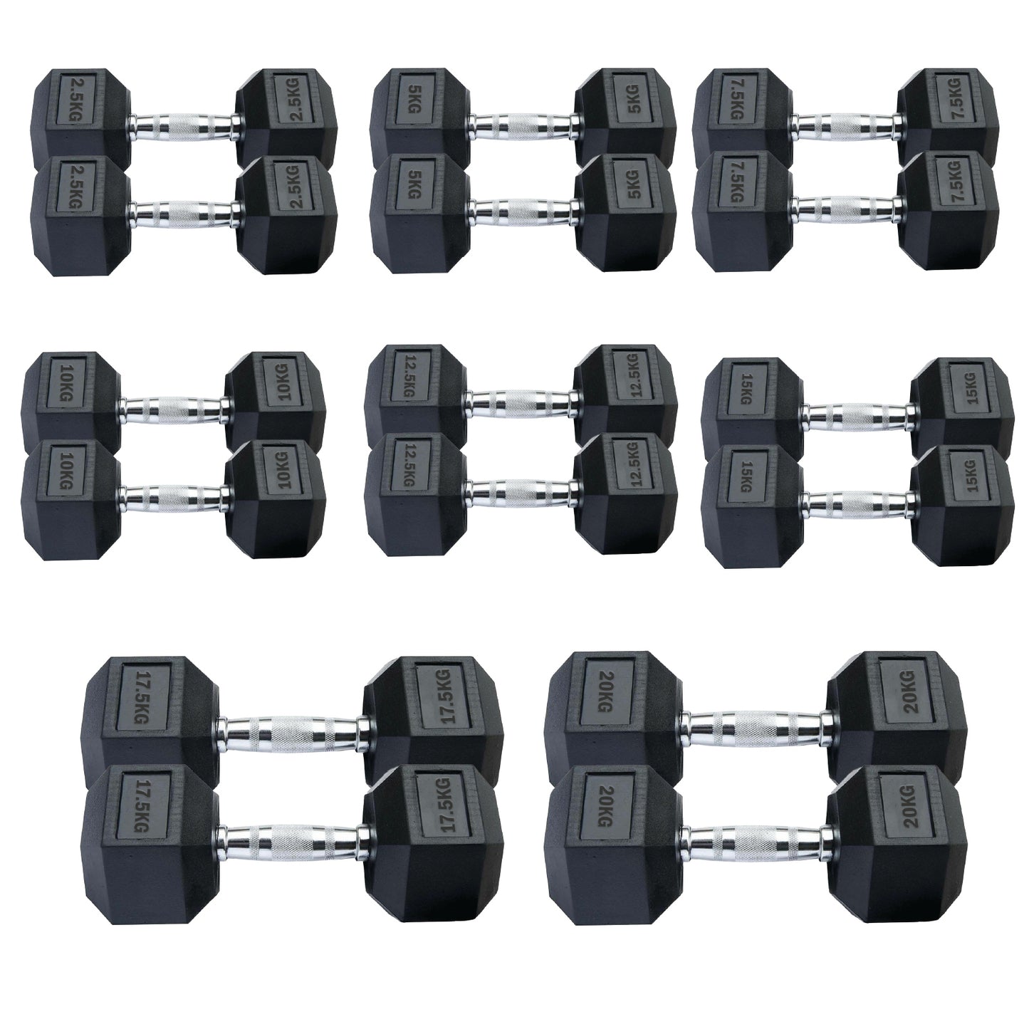 Professional Hex Dumbbells Set - Rubber Coated Weights from 2.5kg to 60kg - Anti-Rolling Hexagonal Design with Ergonomic Metal Handles - Perfect for Home