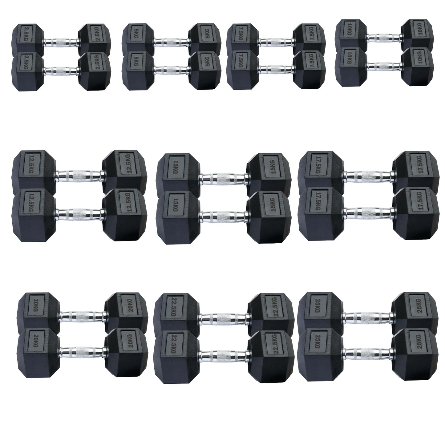 Professional Hex Dumbbells Set - Rubber Coated Weights from 2.5kg to 60kg - Anti-Rolling Hexagonal Design with Ergonomic Metal Handles - Perfect for Home