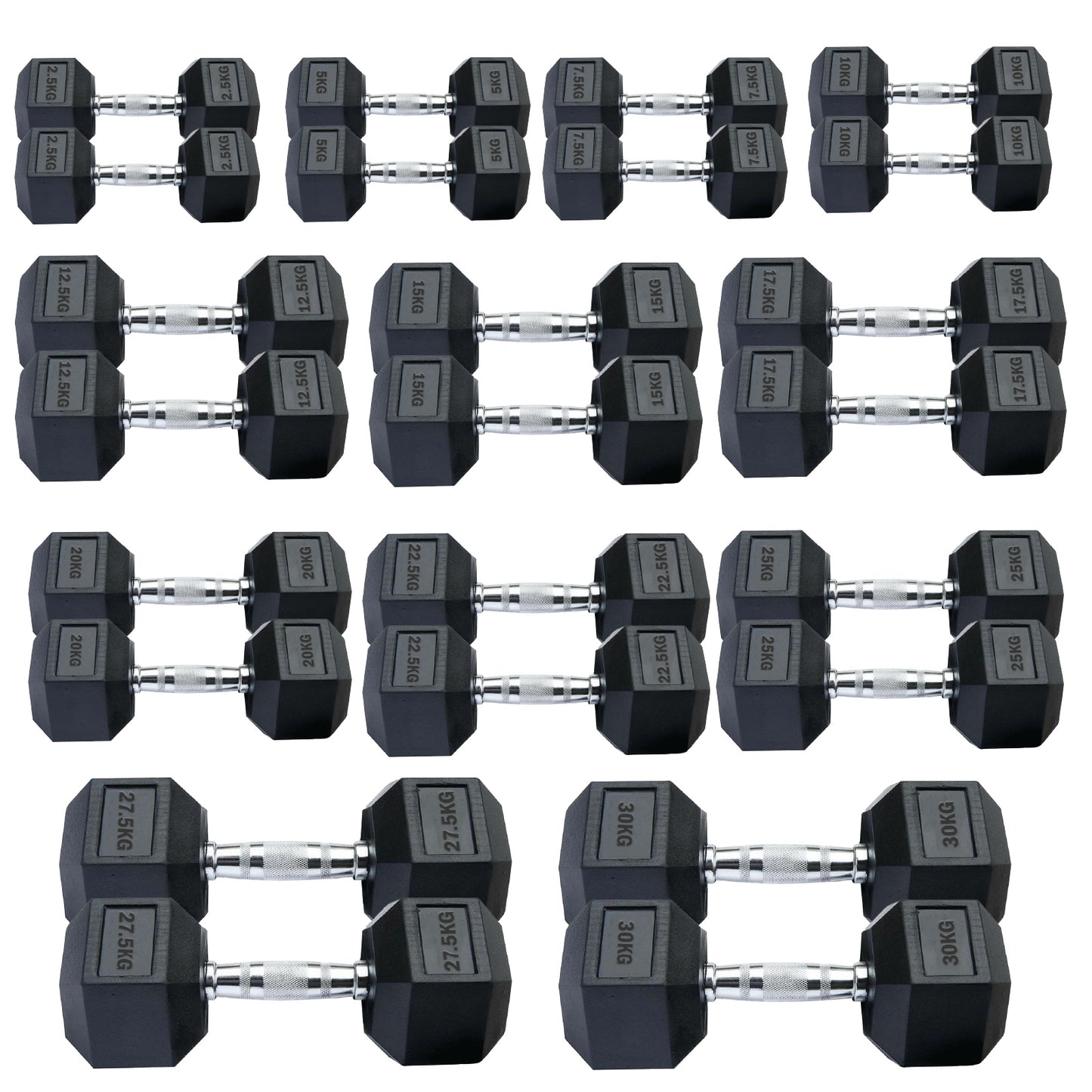 Professional Hex Dumbbells Set - Rubber Coated Weights from 2.5kg to 60kg - Anti-Rolling Hexagonal Design with Ergonomic Metal Handles - Perfect for Home