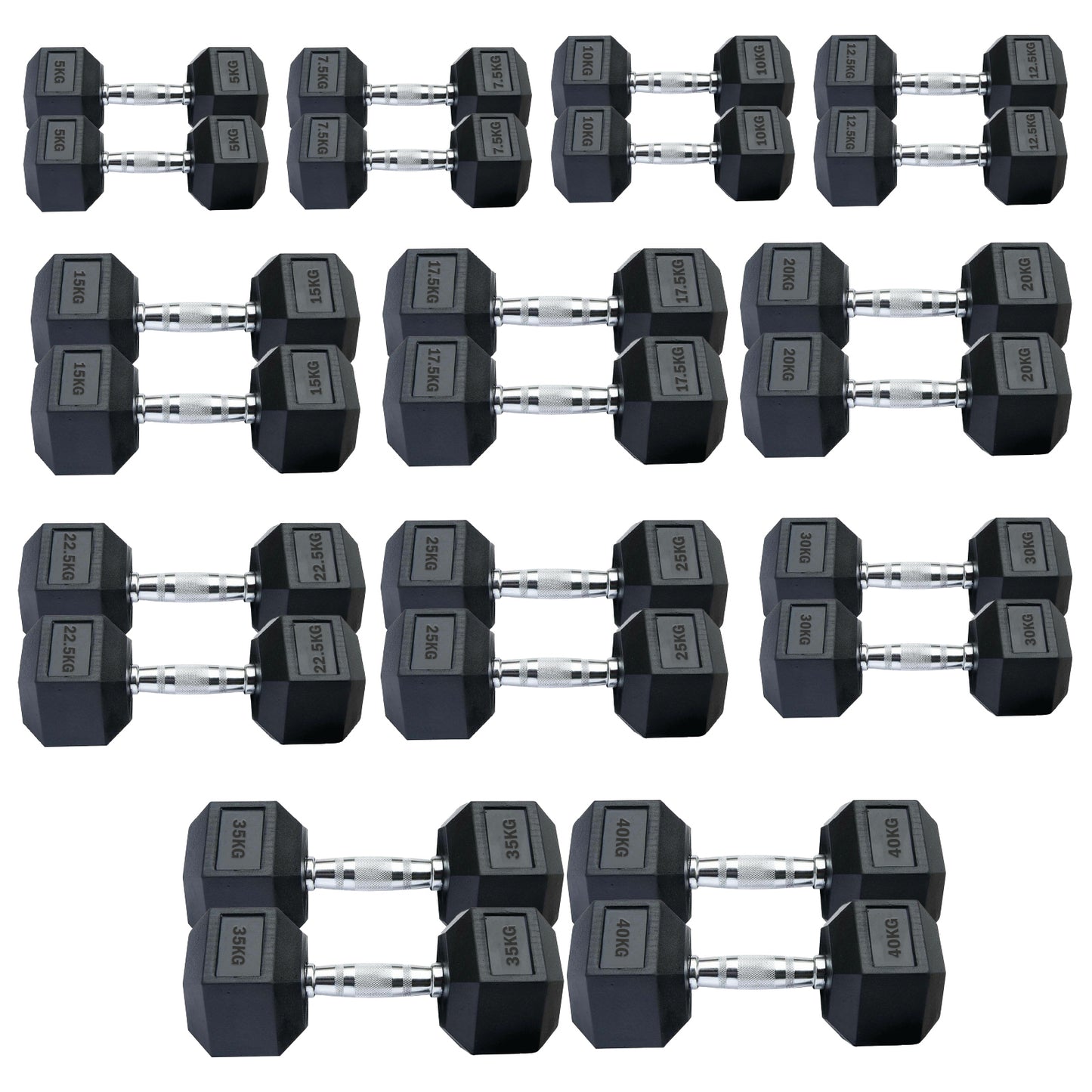 Professional Hex Dumbbells Set - Rubber Coated Weights from 2.5kg to 60kg - Anti-Rolling Hexagonal Design with Ergonomic Metal Handles - Perfect for Home