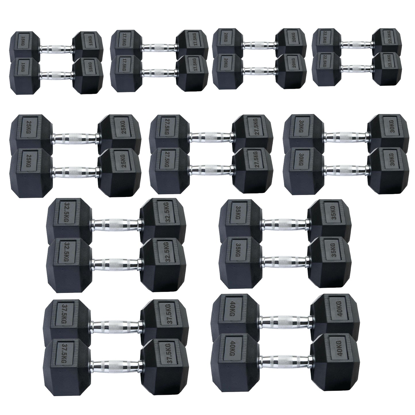 Professional Hex Dumbbells Set - Rubber Coated Weights from 2.5kg to 60kg - Anti-Rolling Hexagonal Design with Ergonomic Metal Handles - Perfect for Home