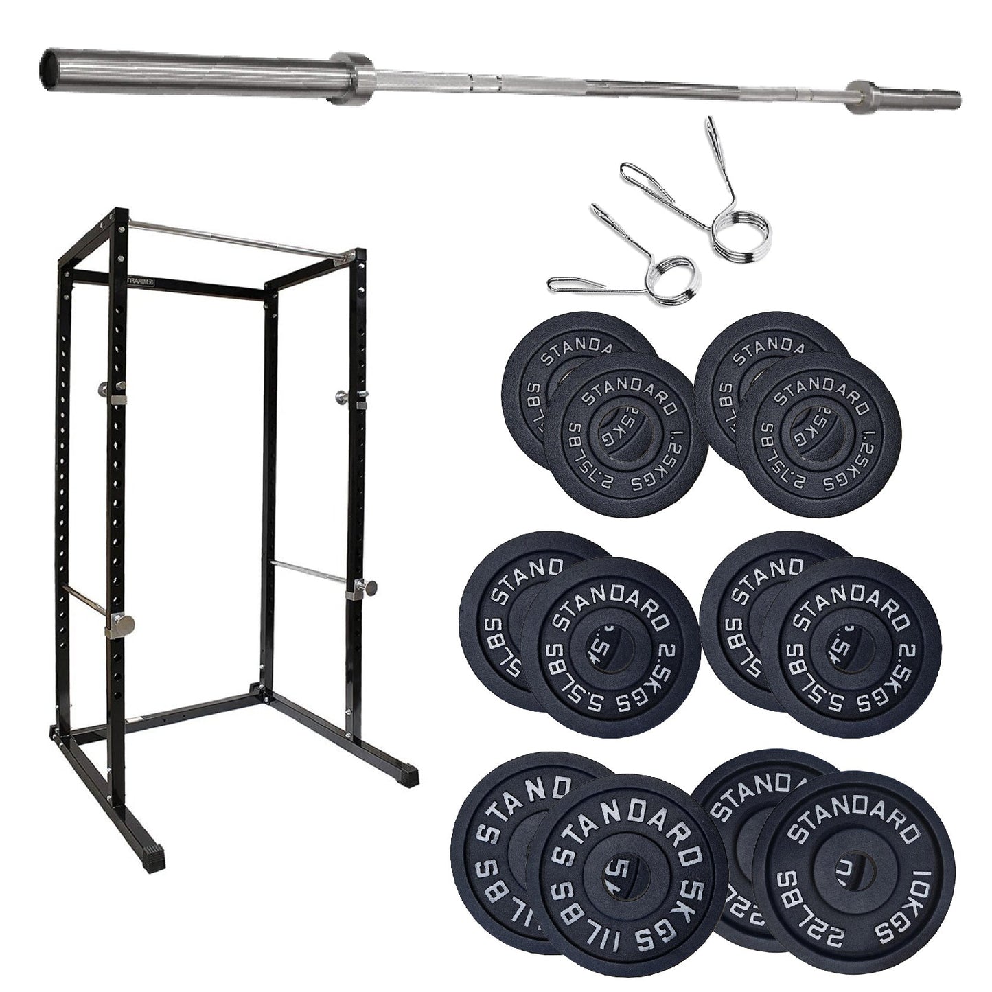 Gym equipment set including a barbell, weight plates, and rack on a white background