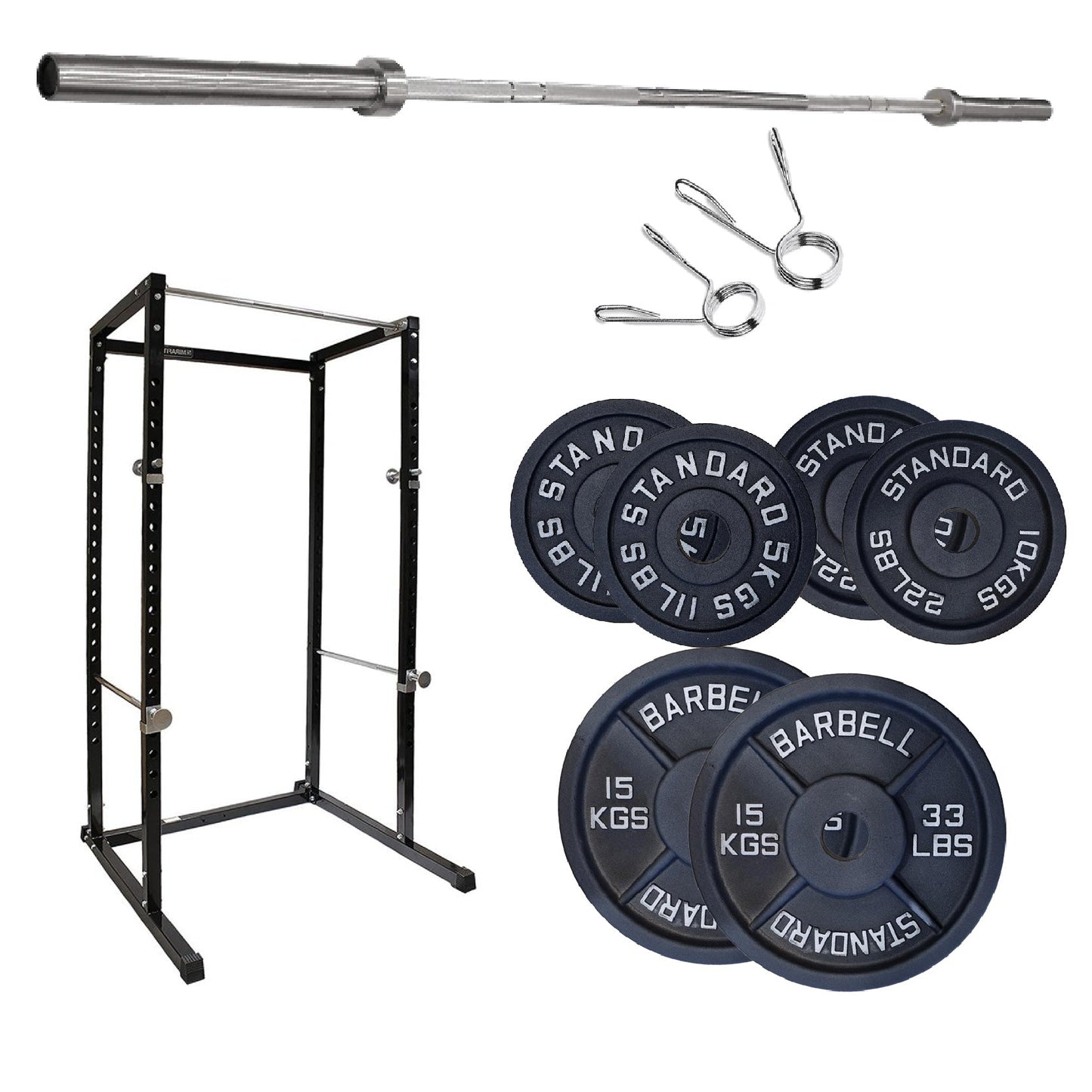 Weightlifting equipment including a barbell, weight plates, and rack on a white background