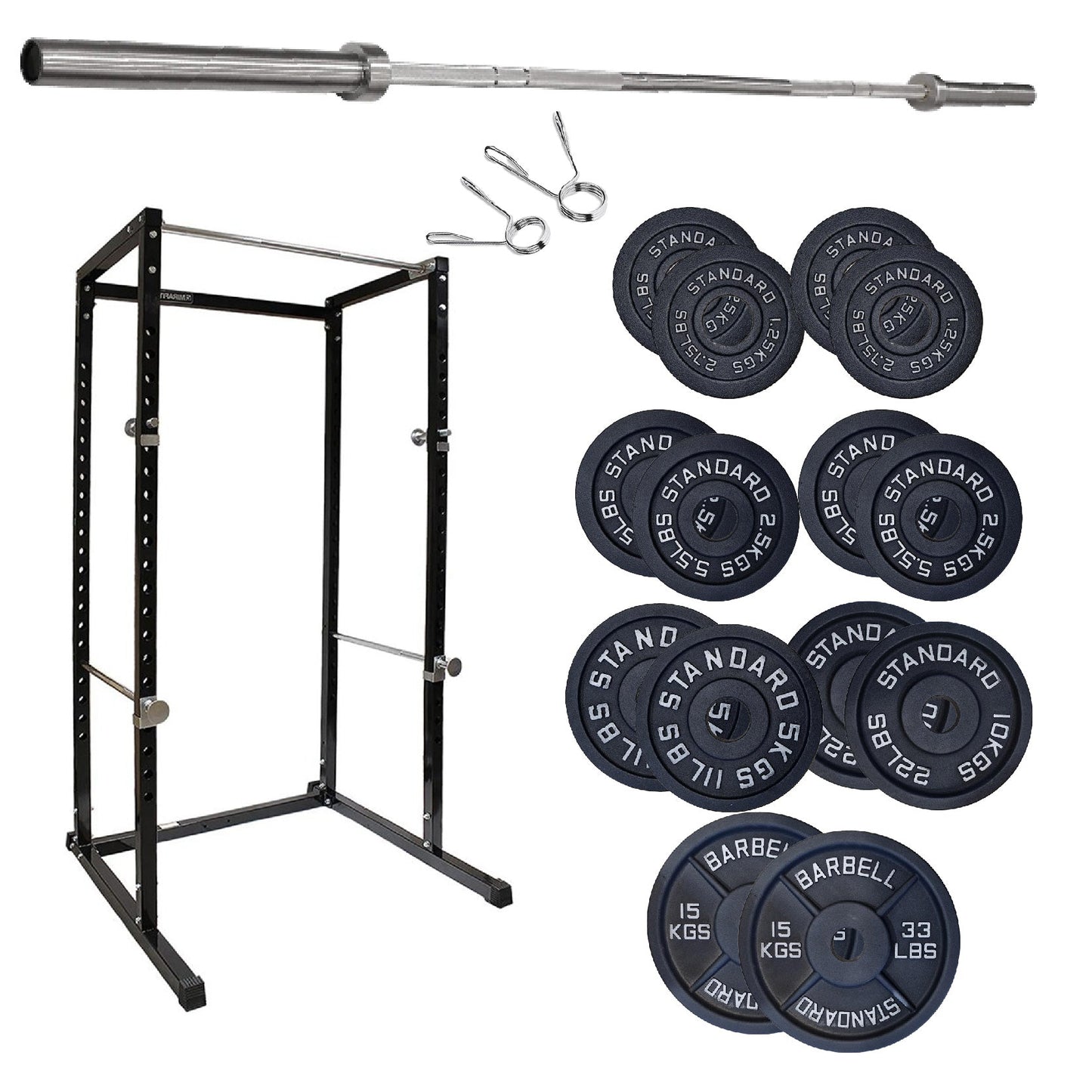 Gym equipment set including a power rack, barbell, and weight plates on a white background