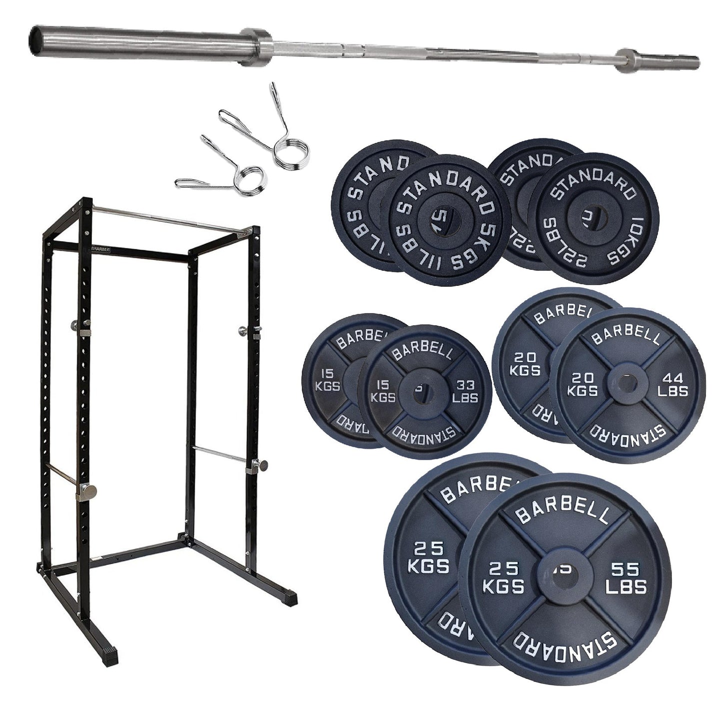 Gym equipment set including a barbell, weight plates, and rack on a white background