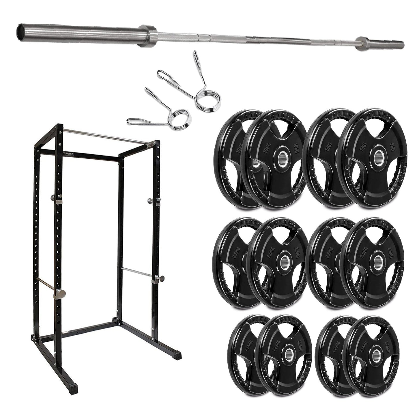 Weightlifting equipment including a barbell, weight plates, and a power rack on a white background.