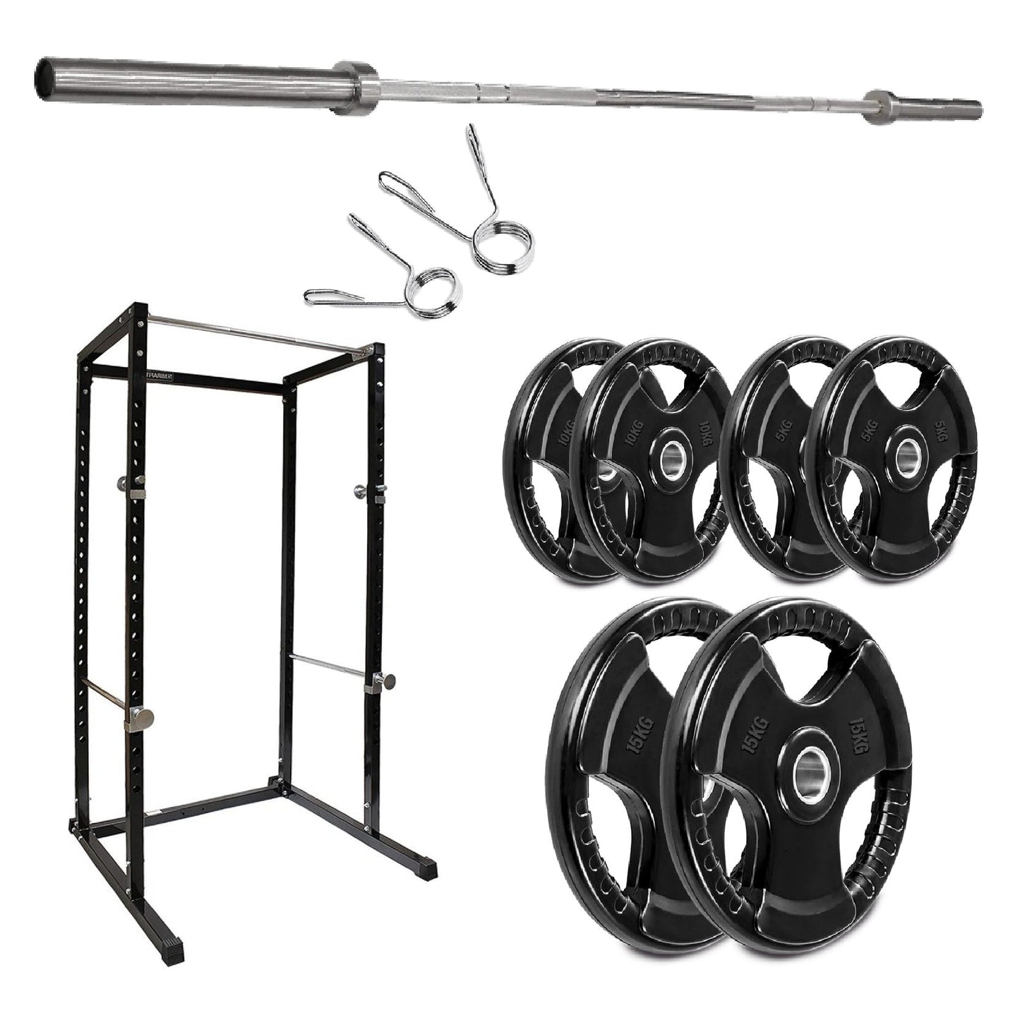 Collection of gym equipment including a barbell, weight plates, and rack on a white background