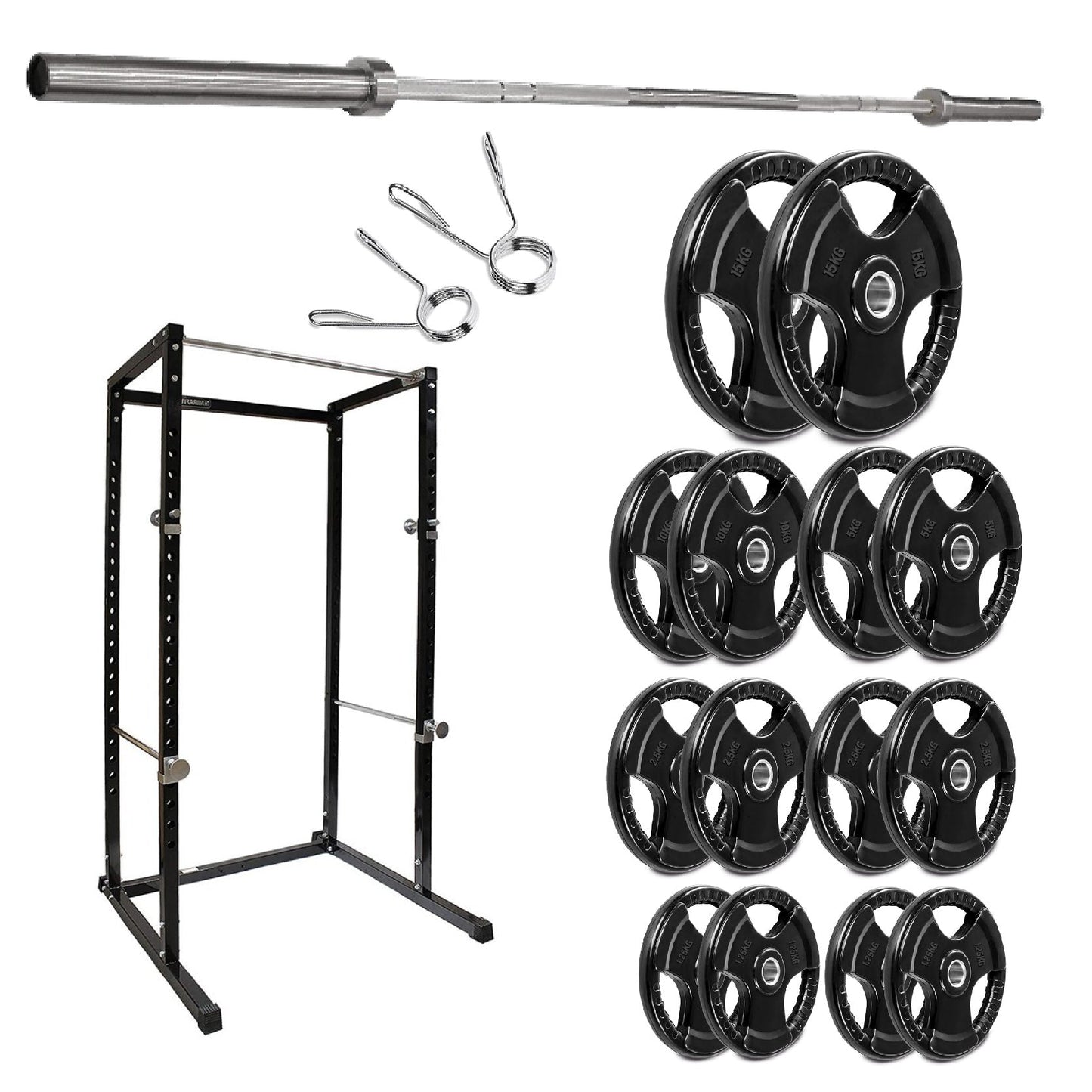 Gym equipment set including a power rack, barbell, weight plates, and attachments on a white background.