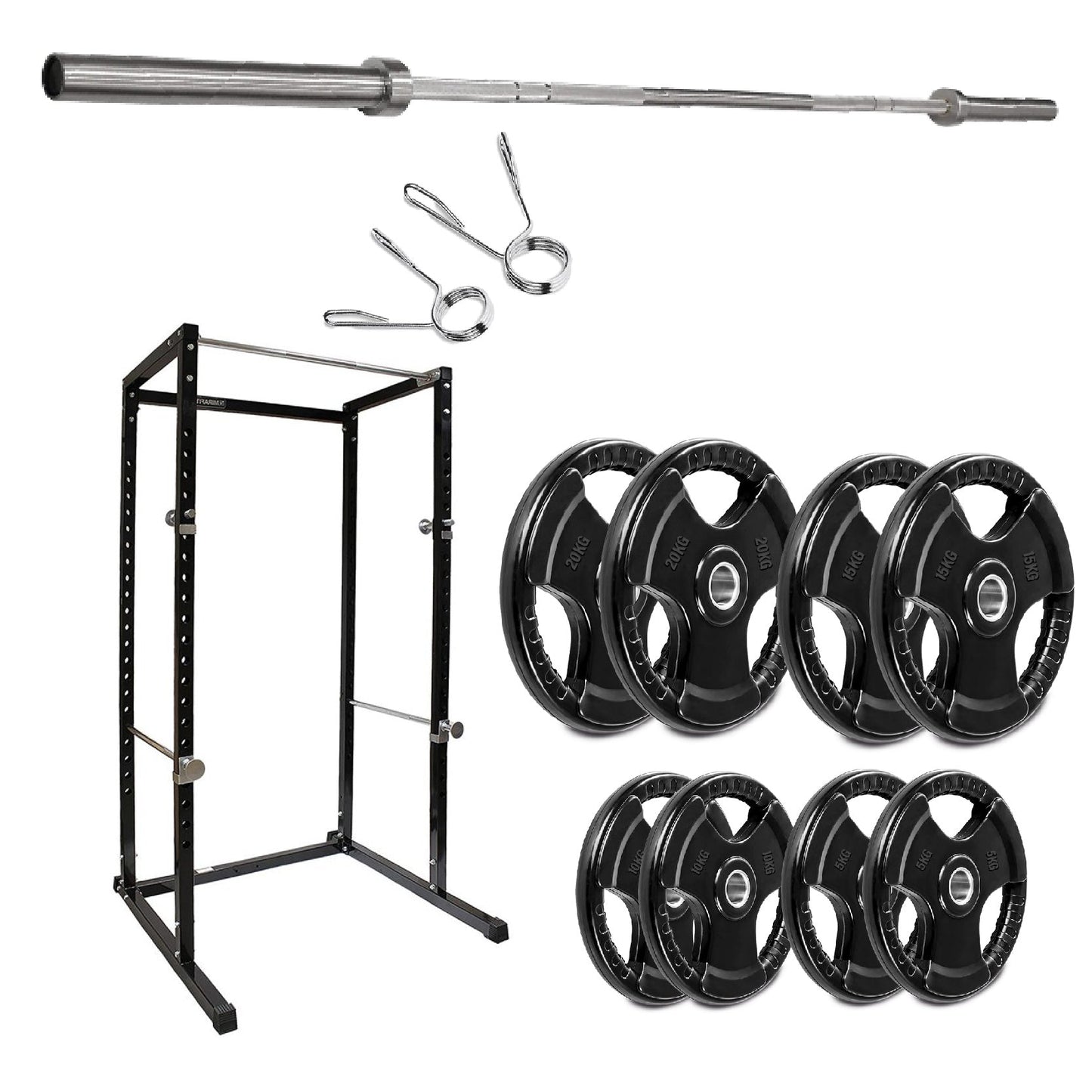 Weightlifting equipment including a barbell, weight plates, and a power rack on a white background.