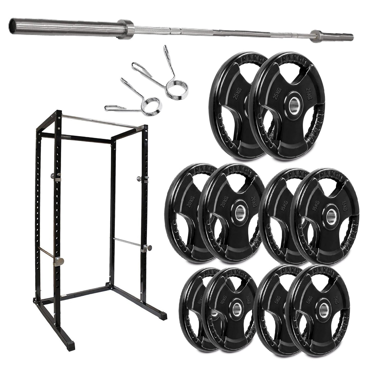 Gym equipment set including a barbell, weight plates, and rack on a white background