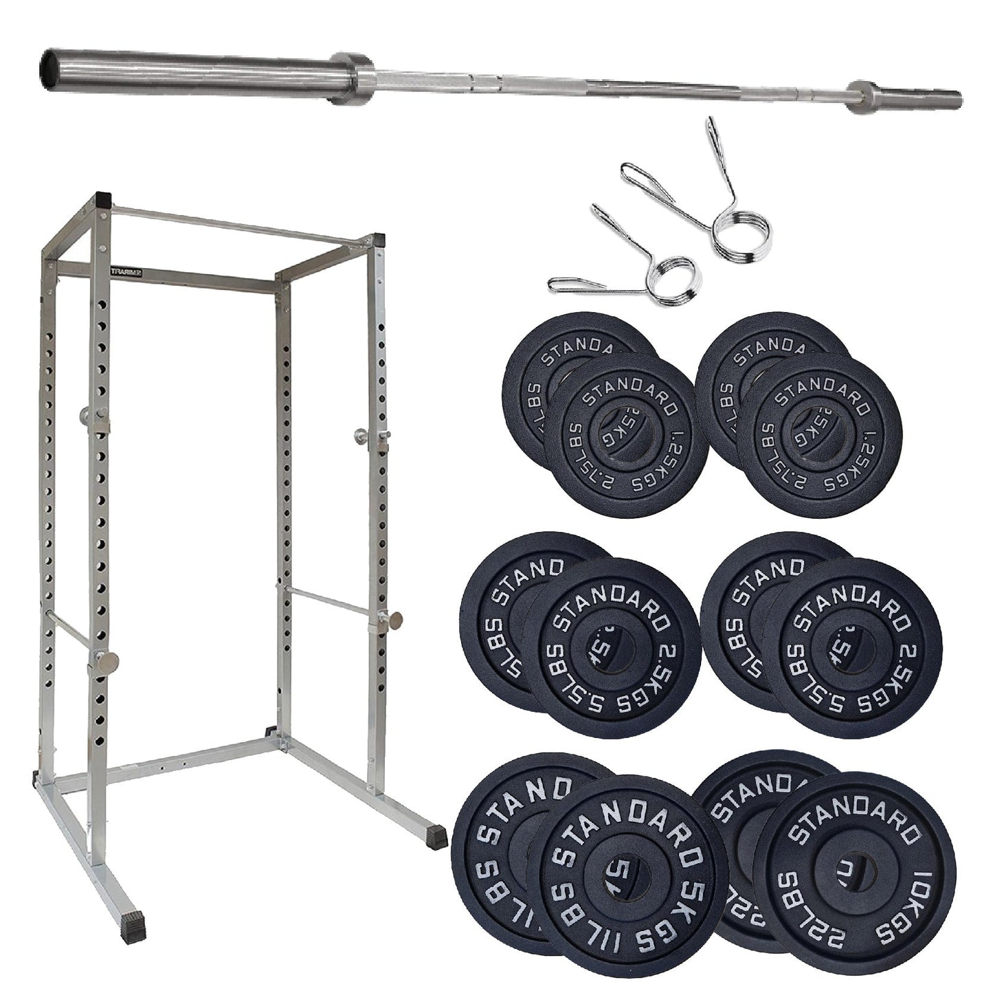 Weightlifting setup with barbell, weight plates, and rack on a white background