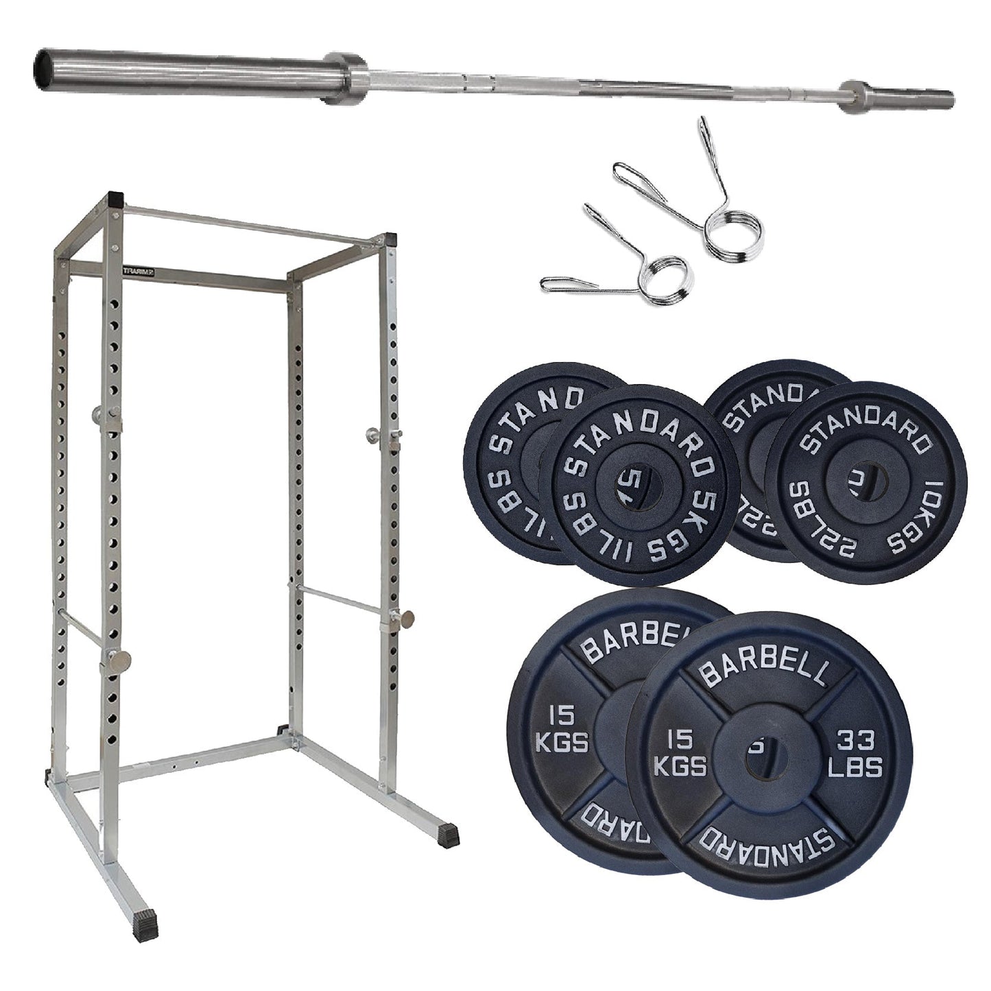 Weightlifting setup with barbell, weight plates, and rack on a white background