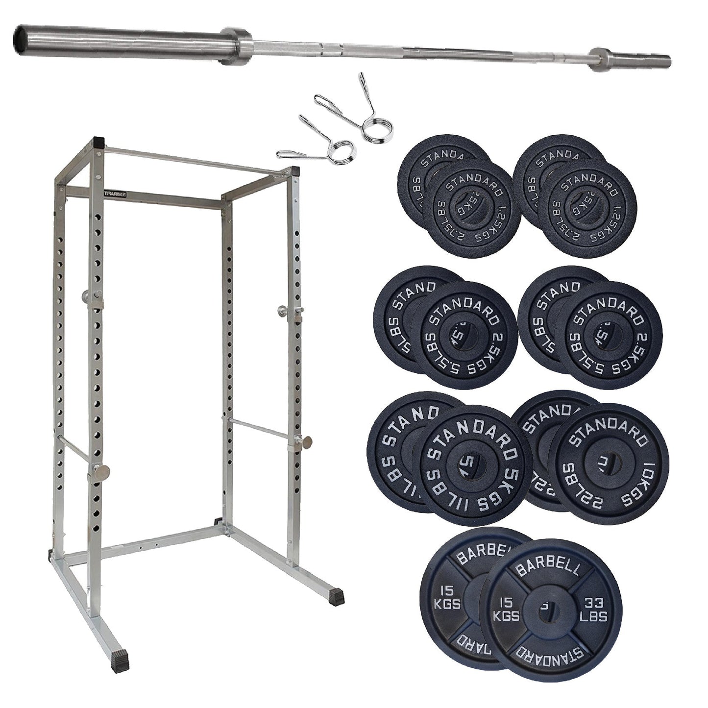 Barbell rack with bar, weight plates, and hooks on a white background