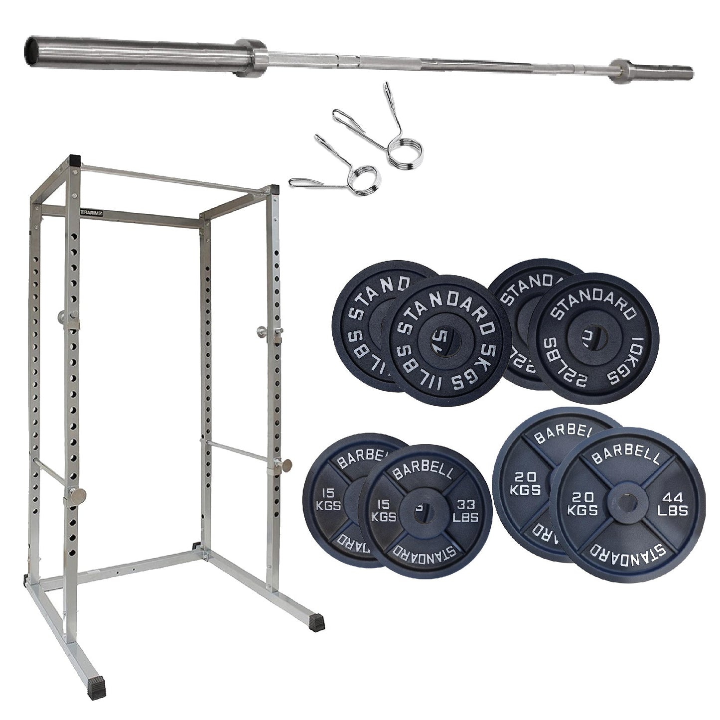 Gym equipment including a power rack, barbell, and weight plates on a white background