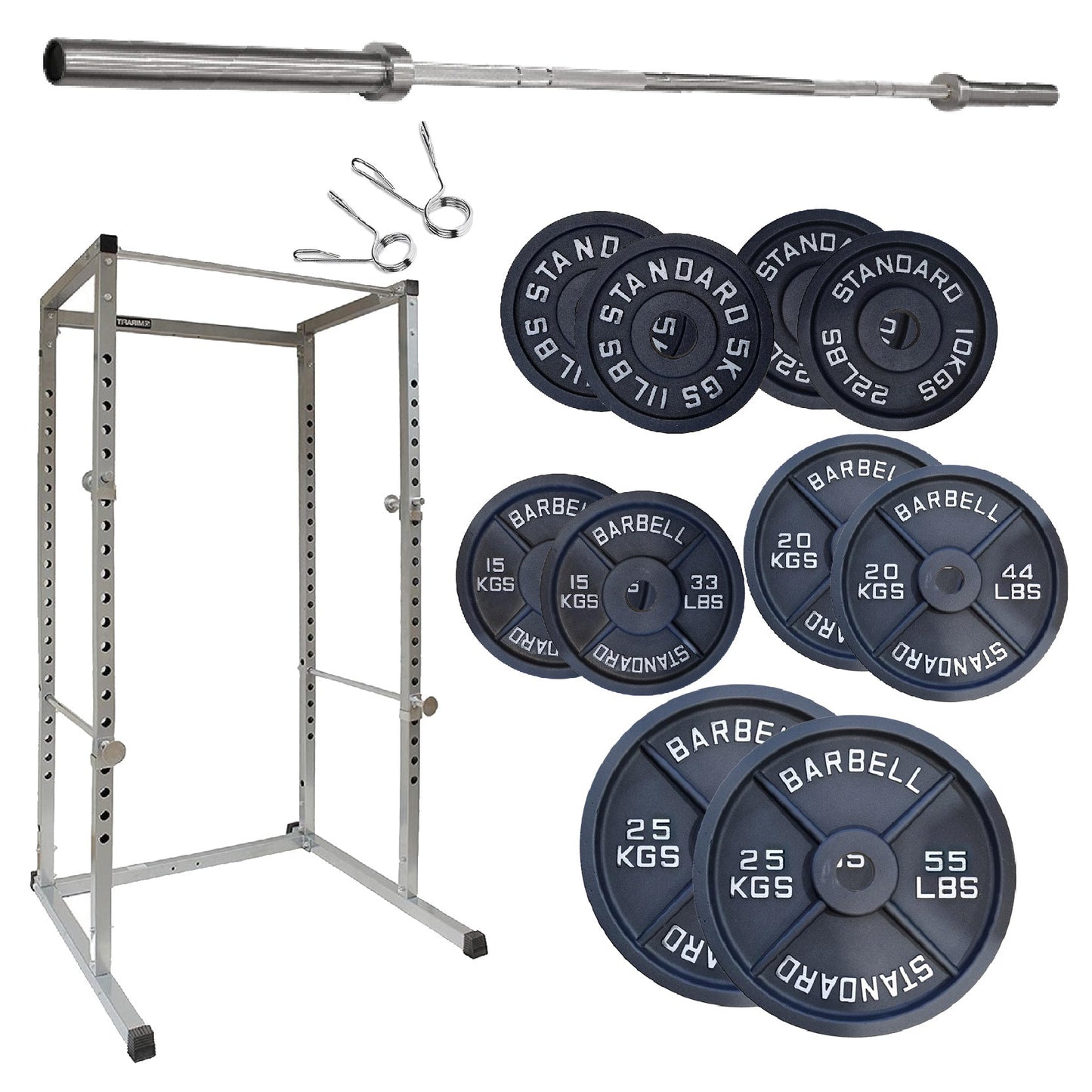 Weightlifting setup with barbell, weight plates, and rack on a white background