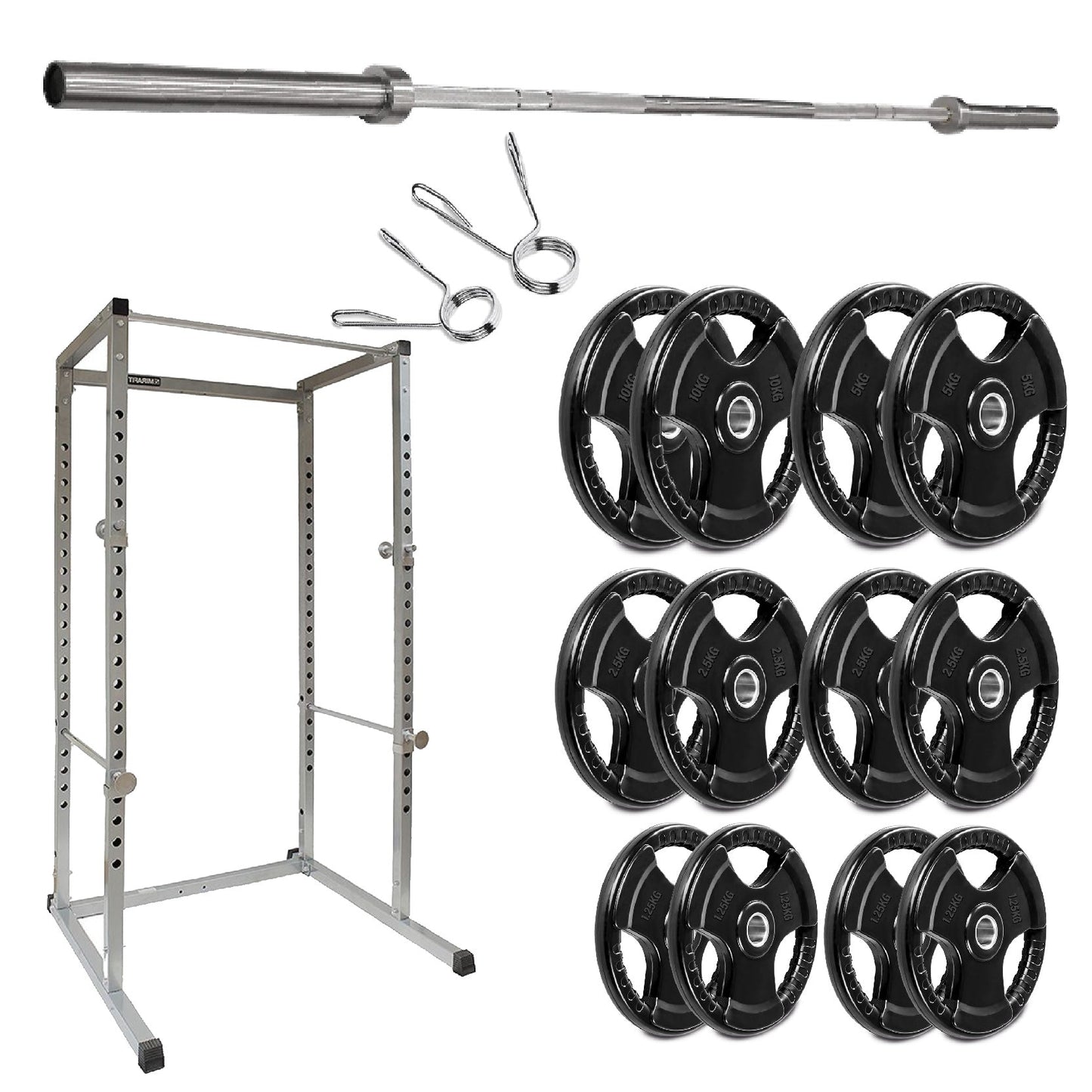 Weightlifting equipment including a barbell, weight plates, and a power rack on a white background.