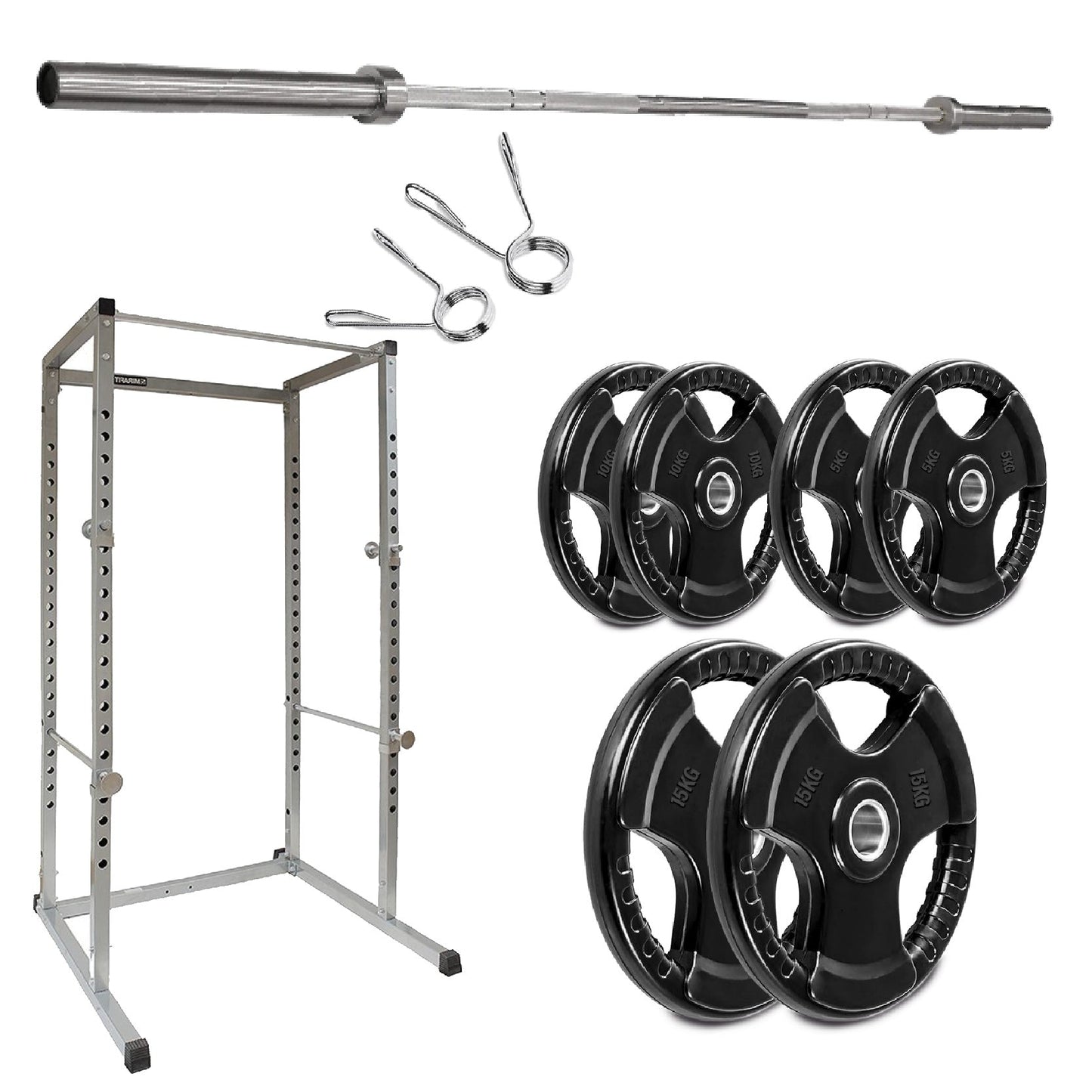 Gym equipment including a barbell, weight plates, and rack on a white background