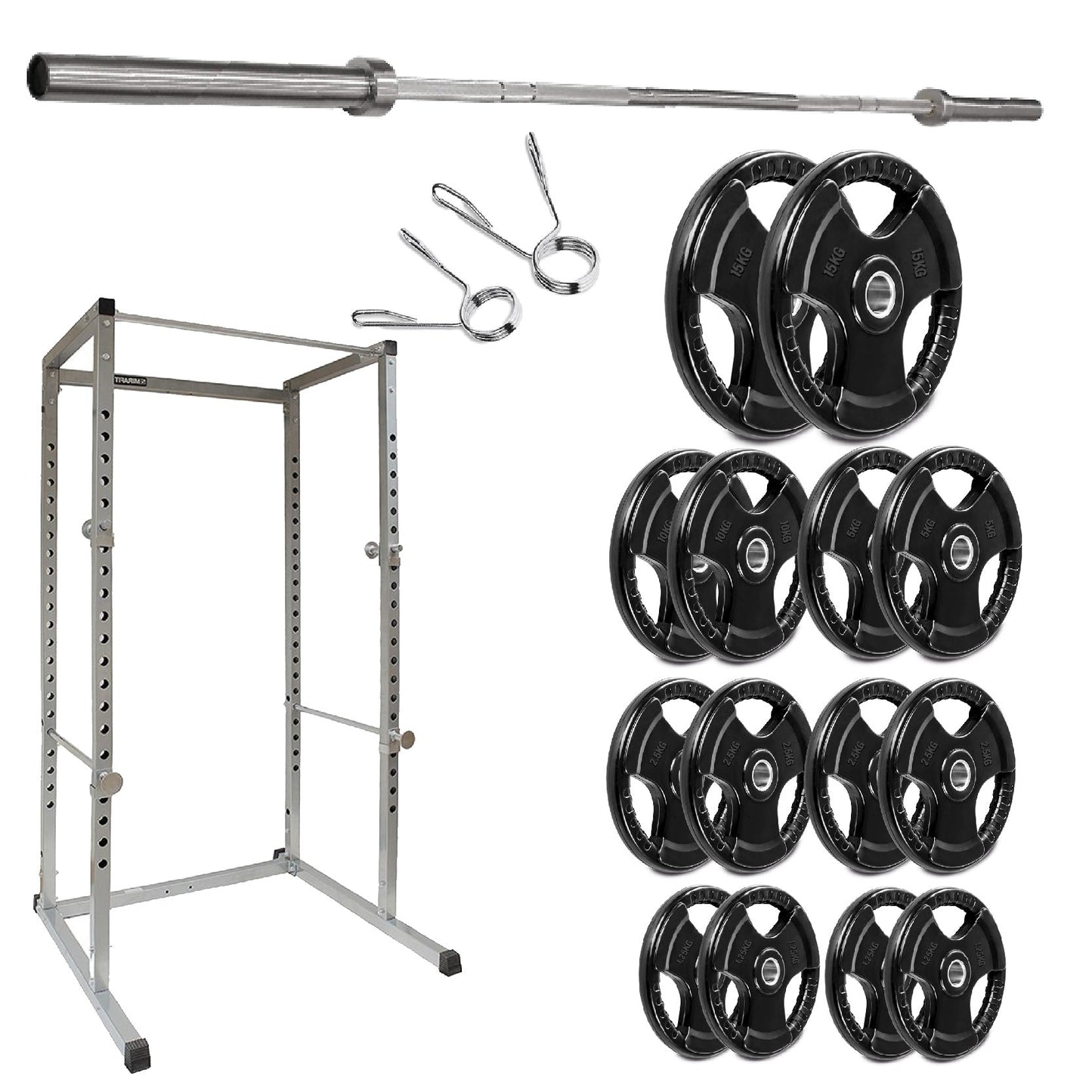 Gym equipment including a barbell, weight plates, and rack on a white background
