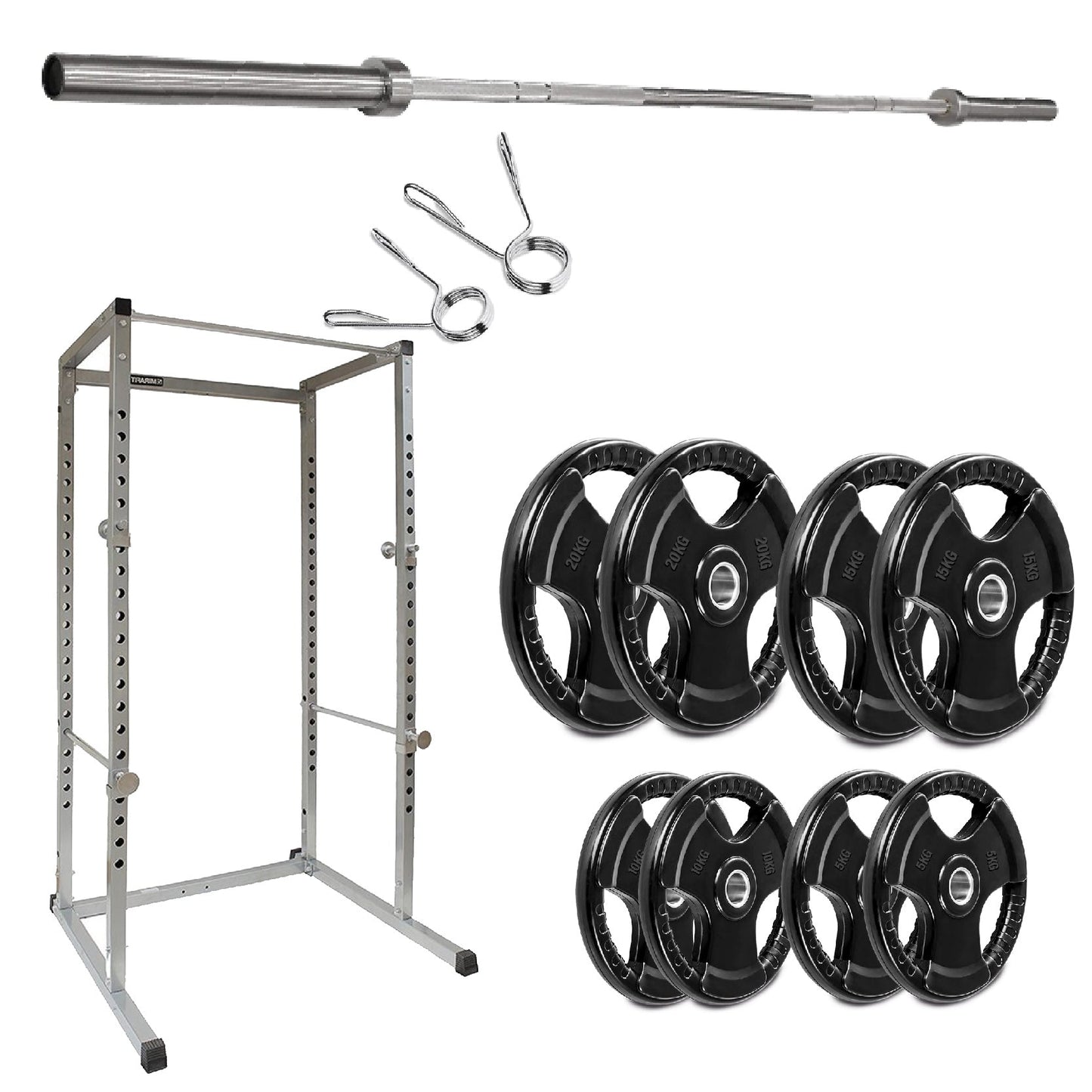 Weightlifting equipment including a power rack, barbell, weight plates, and clips on a white background.