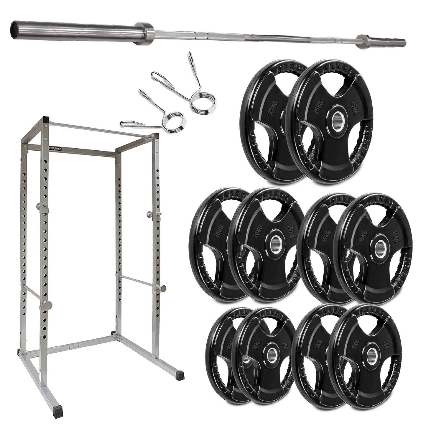 Weightlifting equipment including a barbell, weight plates, and a power rack on a white background.