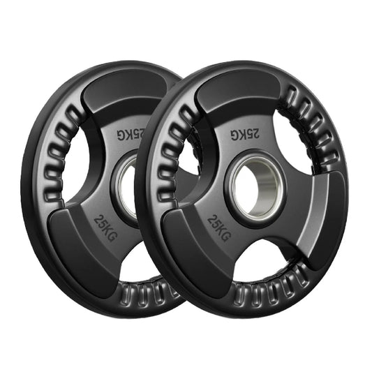 Two 25KG weight plates on a white background