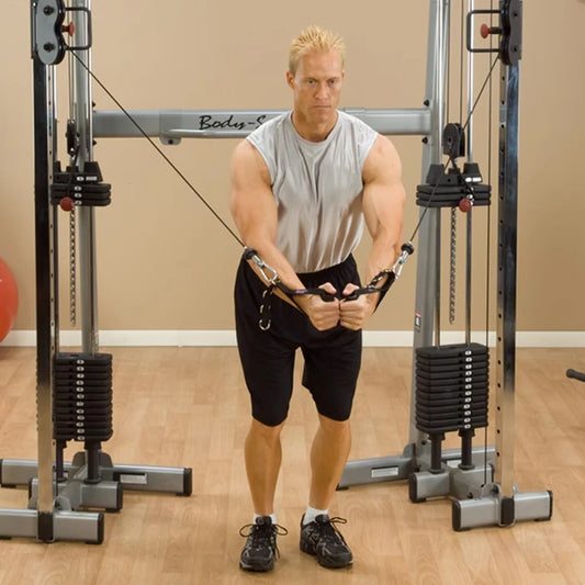 Man exercising on a cable machine in a gym setting
