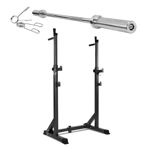 Barbell with weight plates on a black squat rack against a white background