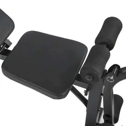 Black exercise device with seat and handles on a white background