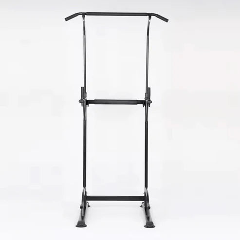 Black metal standing rack on a white background