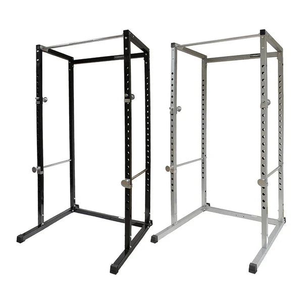 Black and silver power rack on a white background