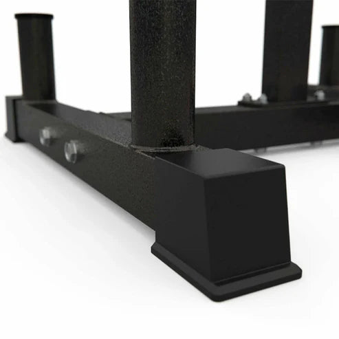 Black metal stand with multiple posts on a white background