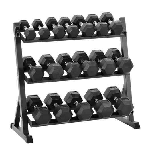 Hex Dumbbell with Optional Layer 3 Rack – Rubber-Coated Anti-Roll Weights 2.5kg to 30kg for Exercise, Strength Training & Bodybuilding at Home or Gym