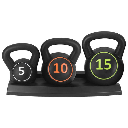 3-Piece Kettlebell Weight Set with Storage Stand – 5lb, 10lb & 15lb Durable Kettle Bells for Strength, Cardio & Home Gym Training