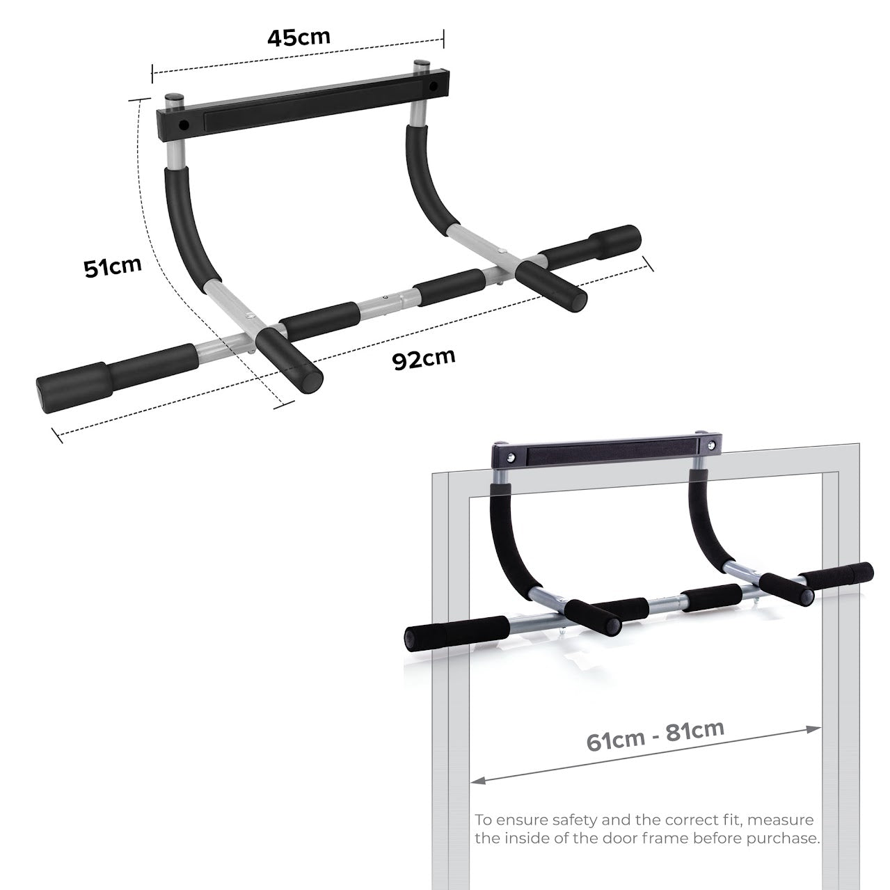 Doorway Pull-Up Bar – No Drilling Required Chin-Up Bar with Padded Multi-Grip Handles | Fits 61–81cm Door Frames | Heavy-Duty Foldable Upper Body Trainer | Door Mounted Pull-Up Bar for Home Gym
