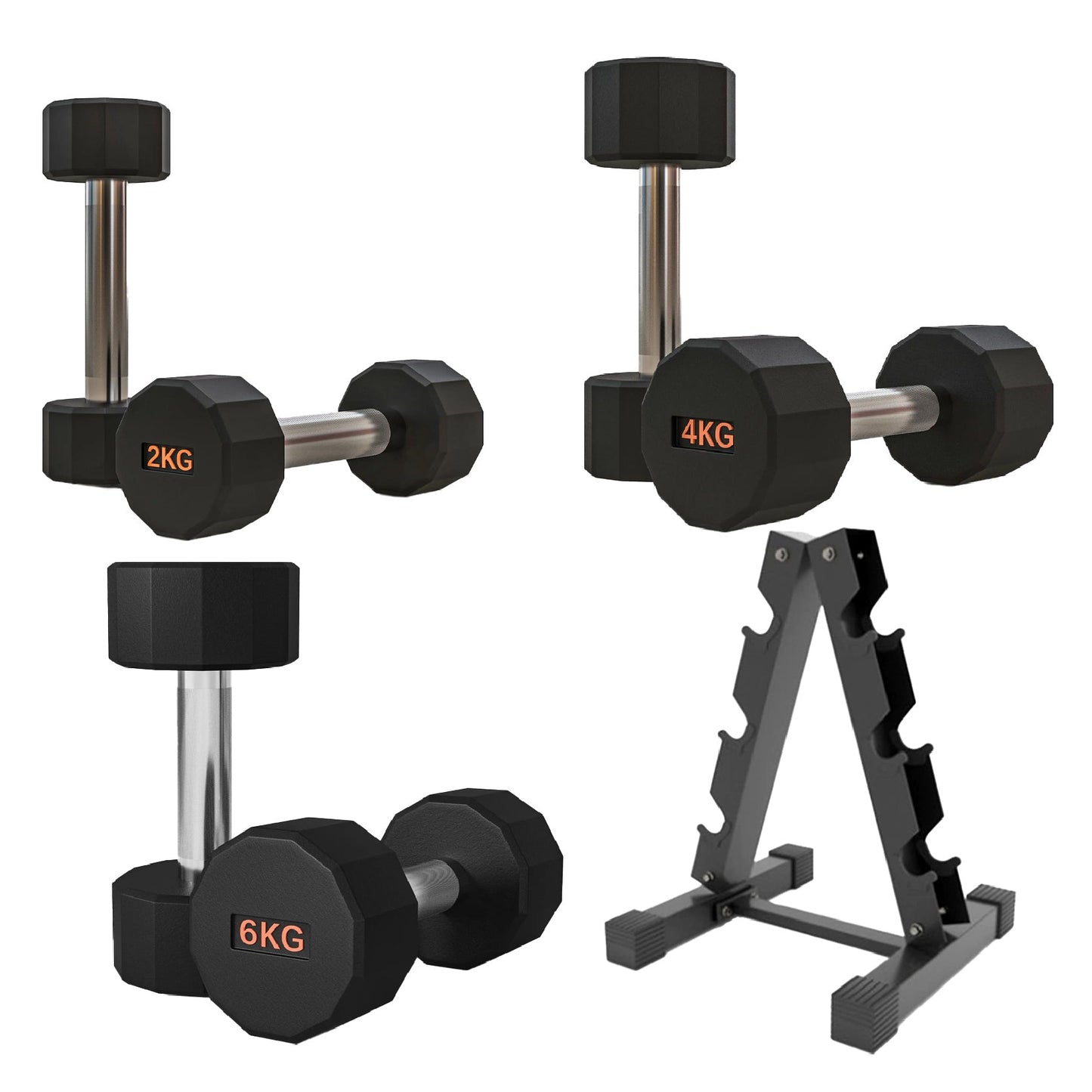 Premium Round Hex Dumbbells with Anti-Roll Design - Rubber-Coated Heads with Knurled Grip - Professional Free Weights Available as Singles, Pairs or Complete Sets - Optional Storage Rack - Strength