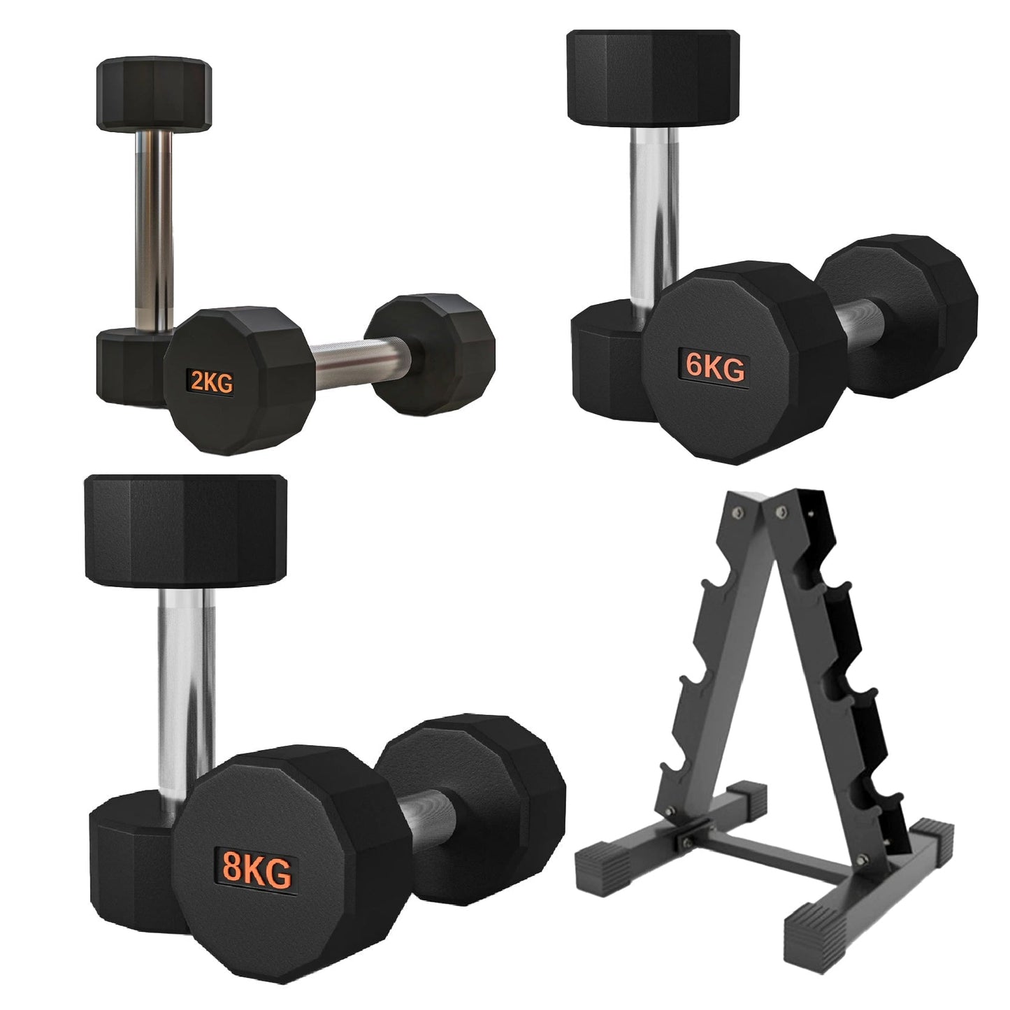 Premium Round Hex Dumbbells with Anti-Roll Design - Rubber-Coated Heads with Knurled Grip - Professional Free Weights Available as Singles, Pairs or Complete Sets - Optional Storage Rack - Strength