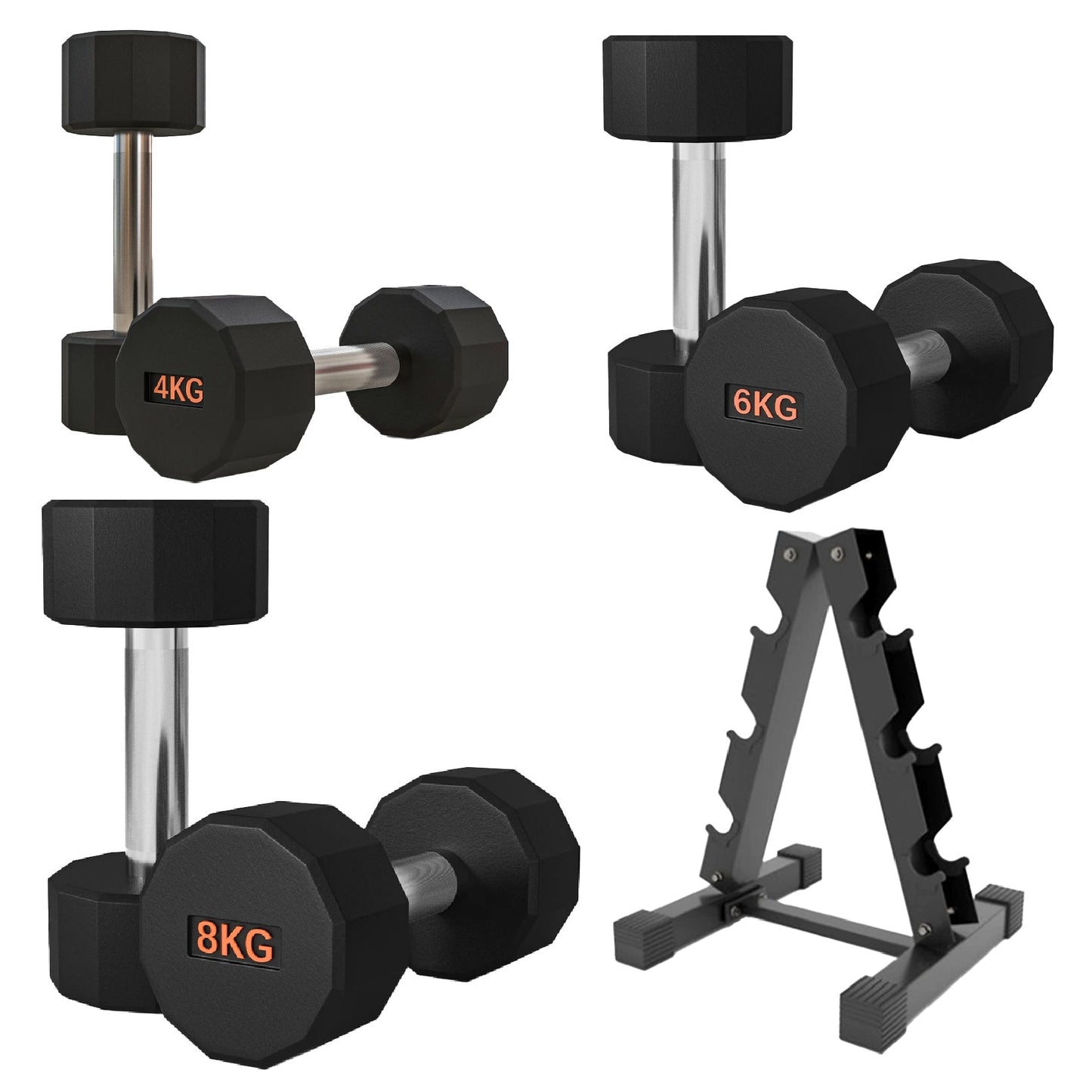 Premium Round Hex Dumbbells with Anti-Roll Design - Rubber-Coated Heads with Knurled Grip - Professional Free Weights Available as Singles, Pairs or Complete Sets - Optional Storage Rack - Strength