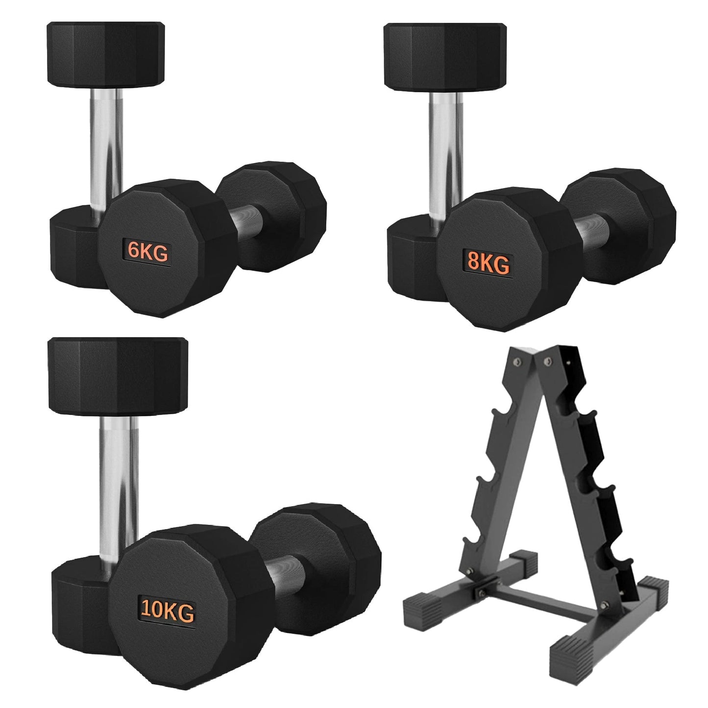 Premium Round Hex Dumbbells with Anti-Roll Design - Rubber-Coated Heads with Knurled Grip - Professional Free Weights Available as Singles, Pairs or Complete Sets - Optional Storage Rack - Strength