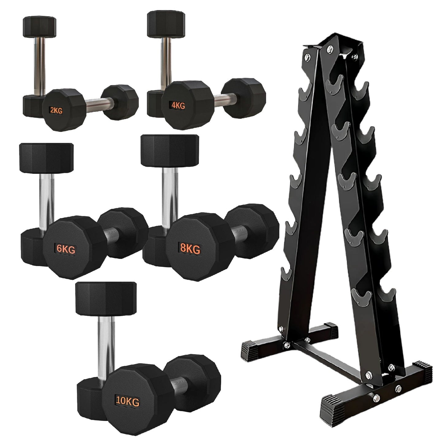 Premium Round Hex Dumbbells with Anti-Roll Design - Rubber-Coated Heads with Knurled Grip - Professional Free Weights Available as Singles, Pairs or Complete Sets - Optional Storage Rack - Strength